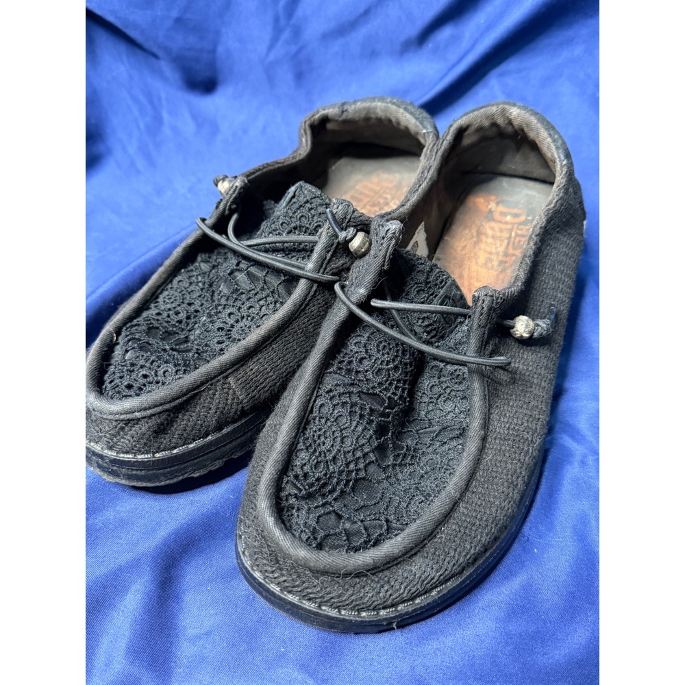 Hey Dude Wendy Crochet Black Canvas Slip On Loafer Shoes 41039-001 Womens 9